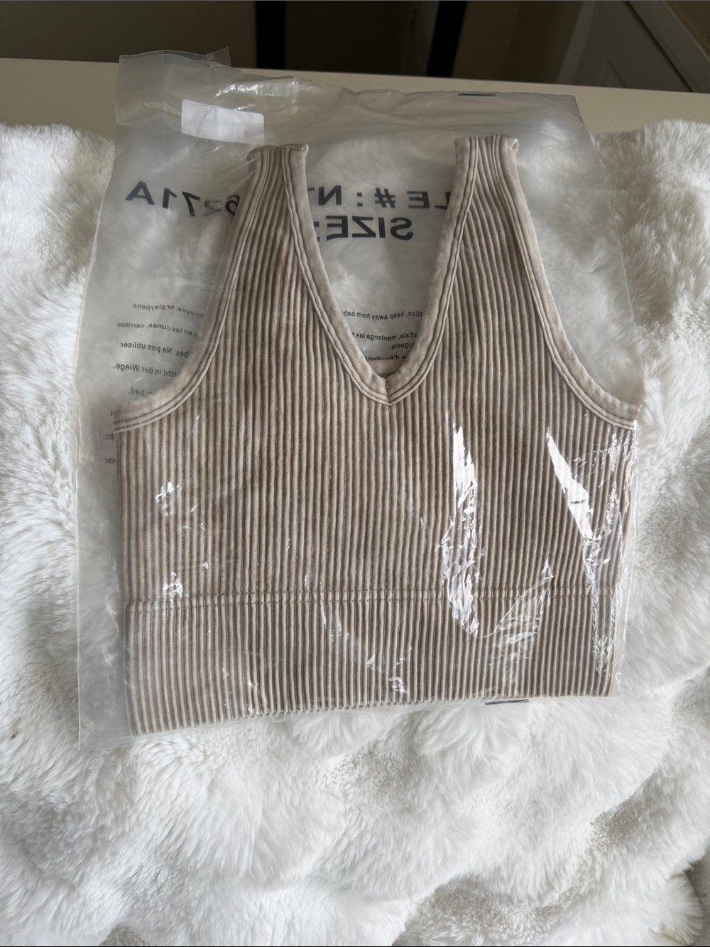 Ribbed V-Neck Cropped Tank Top - Sport Bra Beige